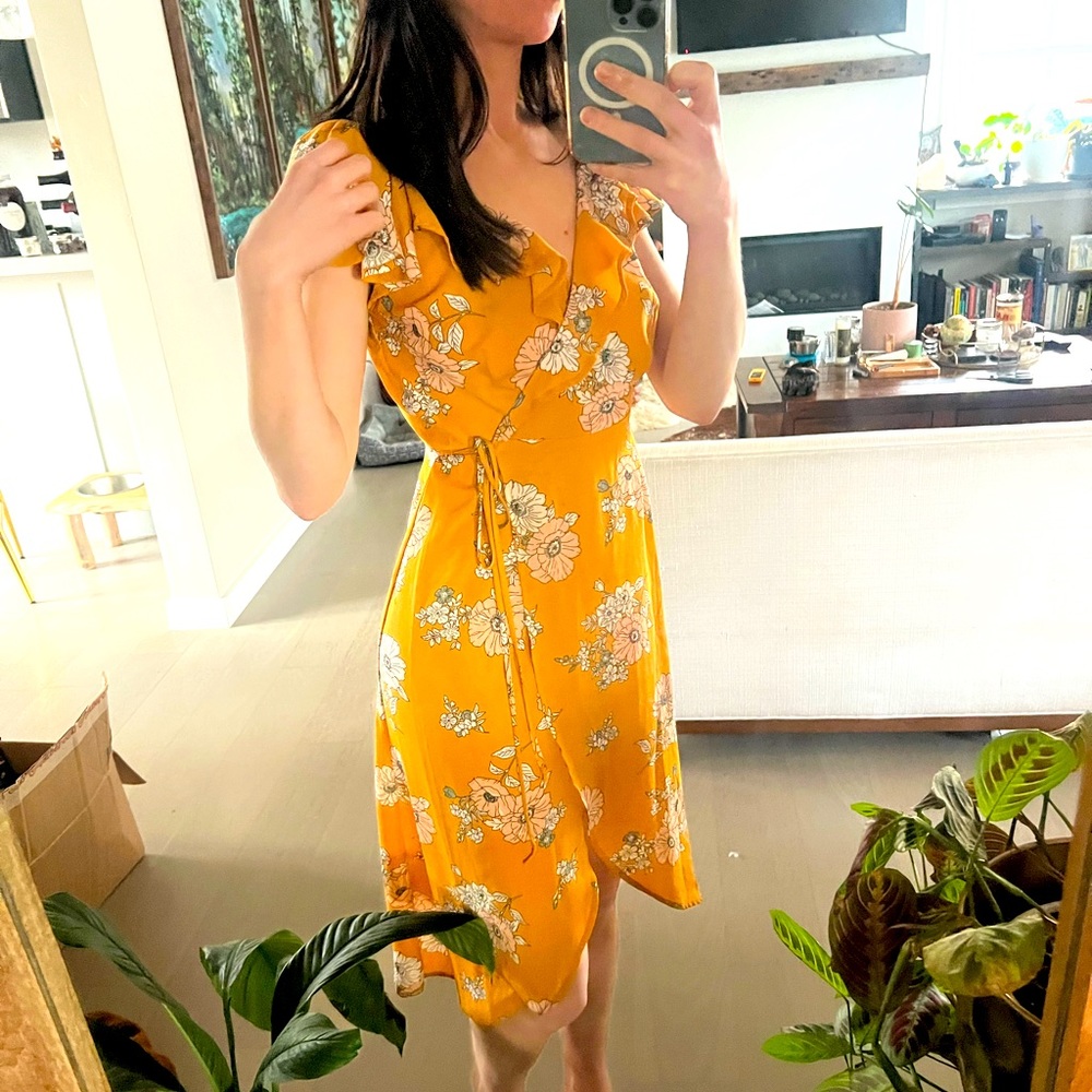 Yellow floral midi wrap dress XS